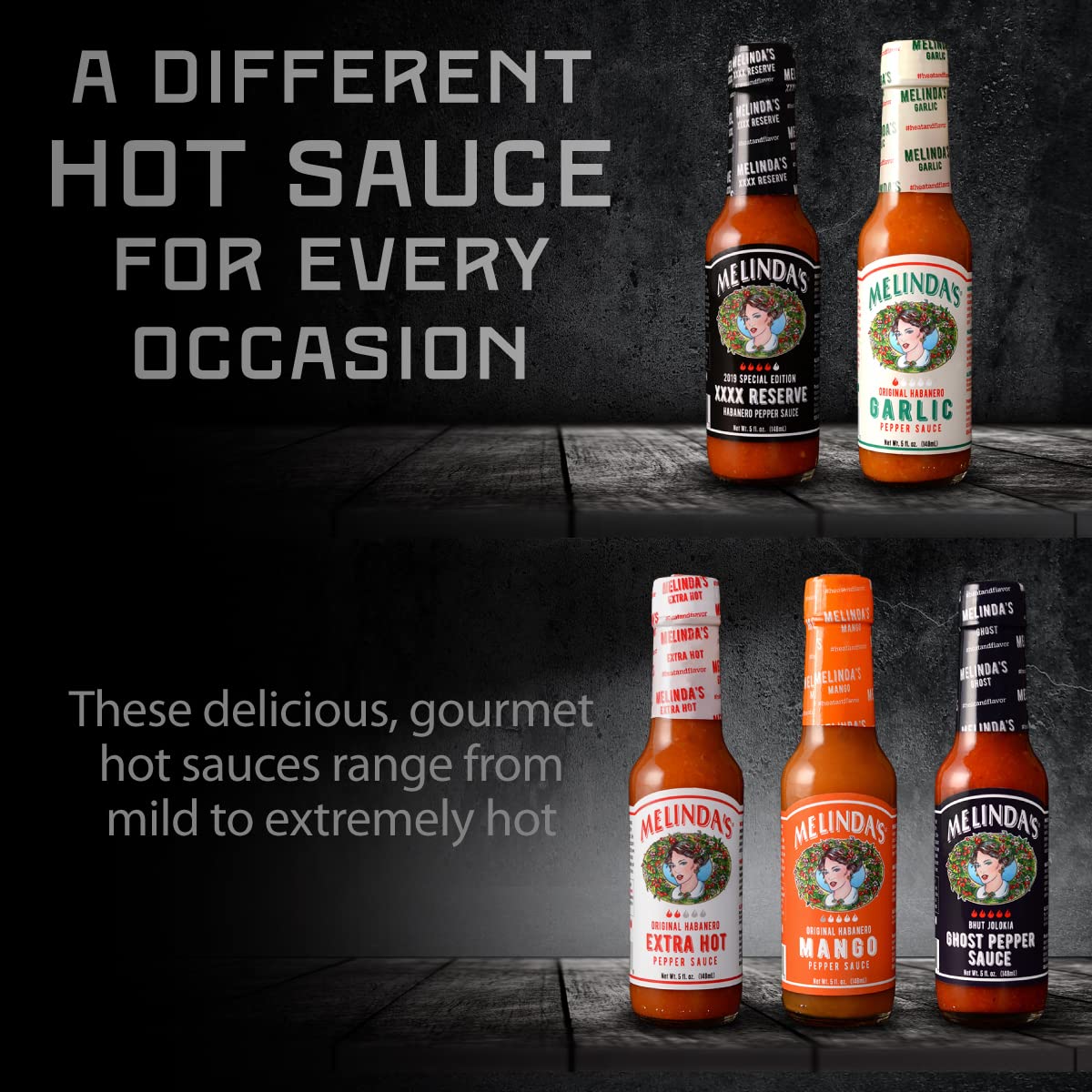 Melinda’s Variety Pack display packaging conveys gift-ready appeal for heat lovers.
