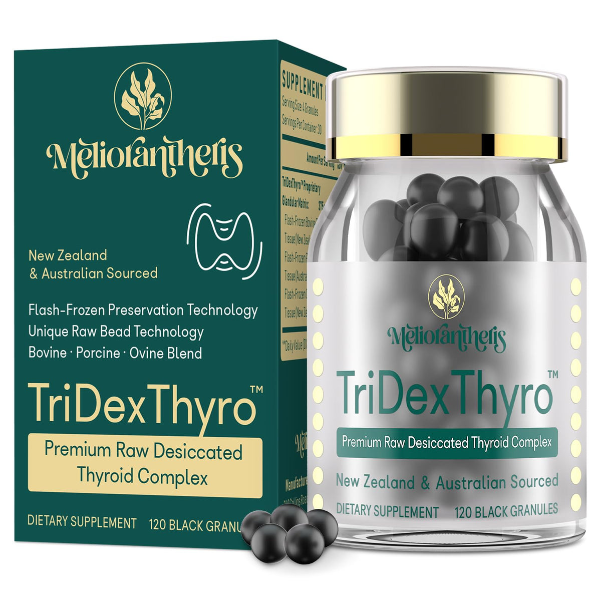 Meliorantheris TriDexThyro bottle with capsules for convenient daily dosing.