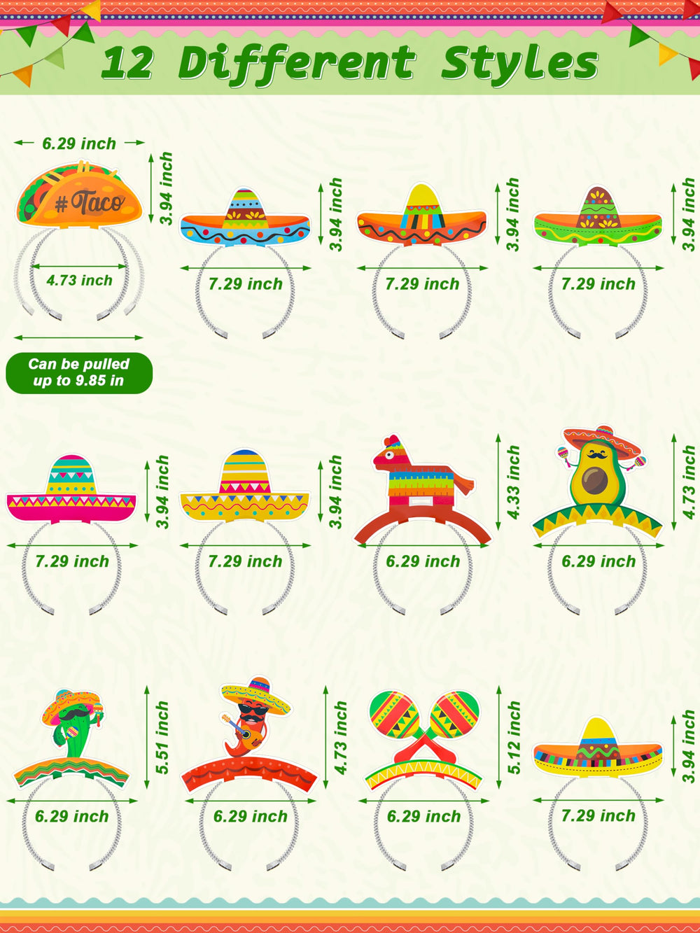 Melisheer sombrero-motif headbands showcase tacos and guitars for lively celebrations.