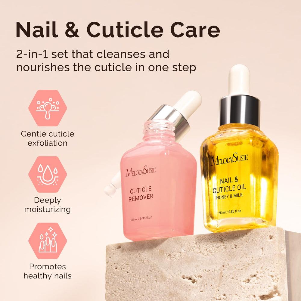 MelodySusie cuticle care set packaging display highlighting home-salon versatility.