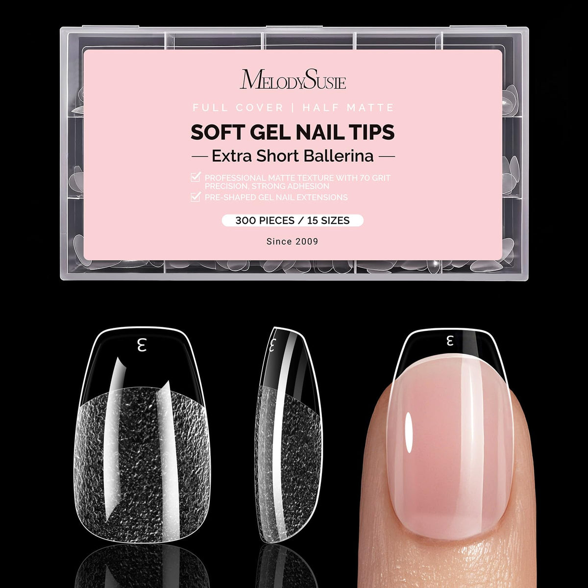 MelodySusie Extra Short Ballerina X nails packaging shows 300 tips for a precise fit.
