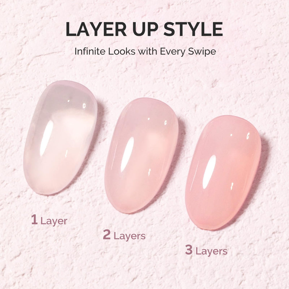 MelodySusie Jeweliver nude gel polish swatch demonstrates translucent jelly effect for versatile layering
