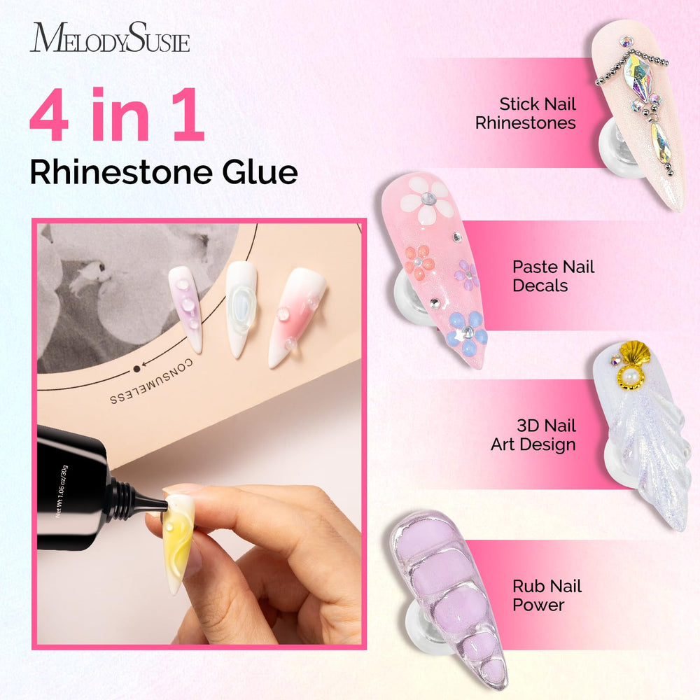 MelodySusie Rhinestone Glue 4-in-1 uses for rhinestones and decals on nails