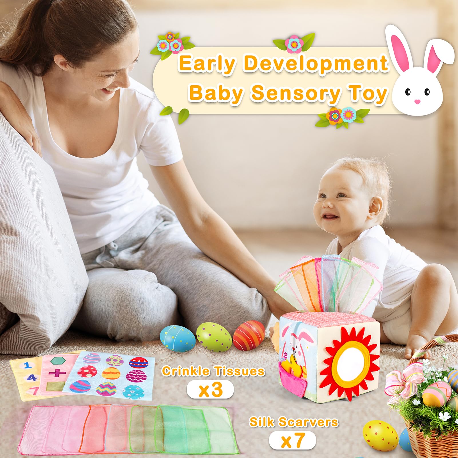 Melonegg crinkle tissues provide auditory feedback to delight curious babies