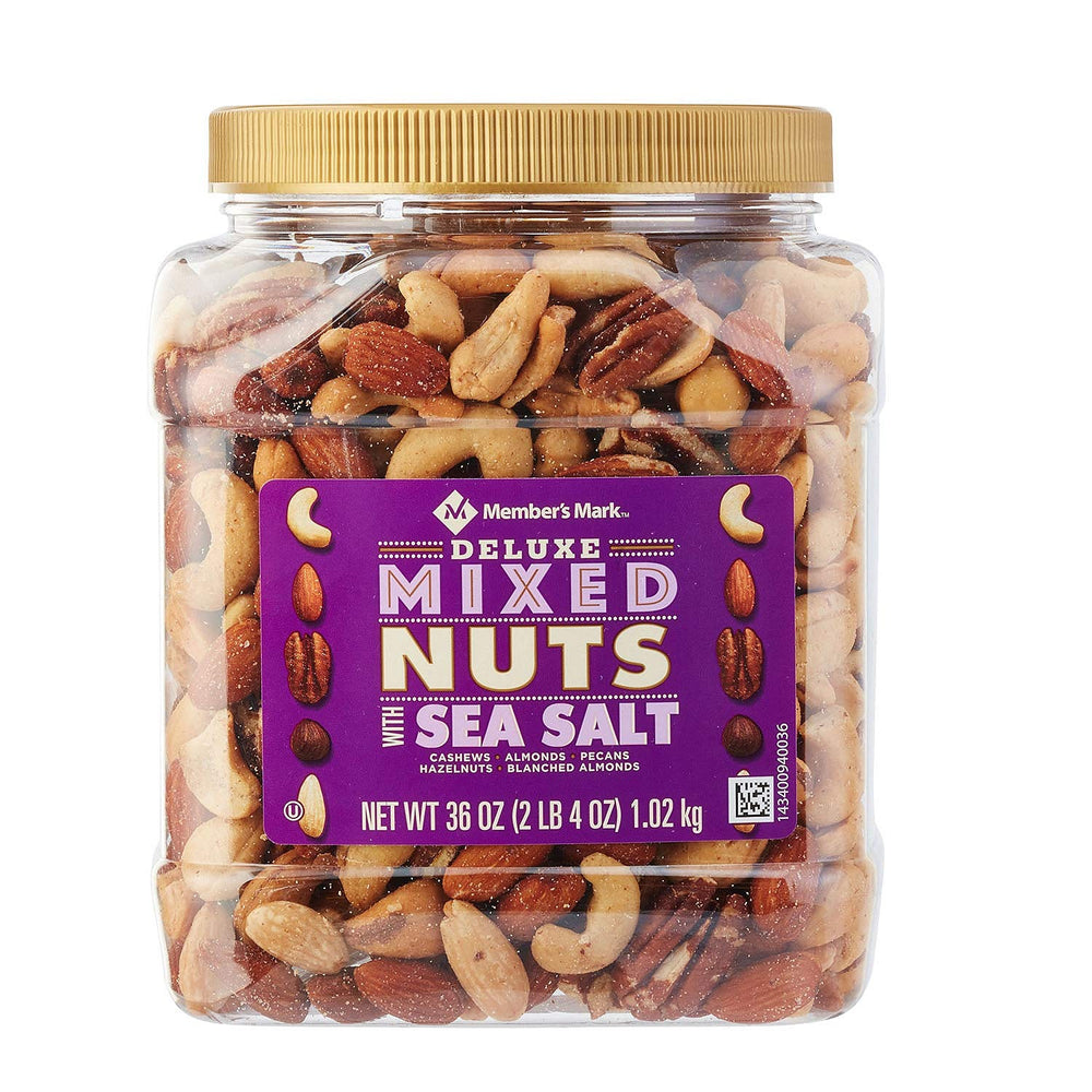 Member's Mark Deluxe Roasted Mixed Nuts with Sea Salt, great for sharing at gatherings.