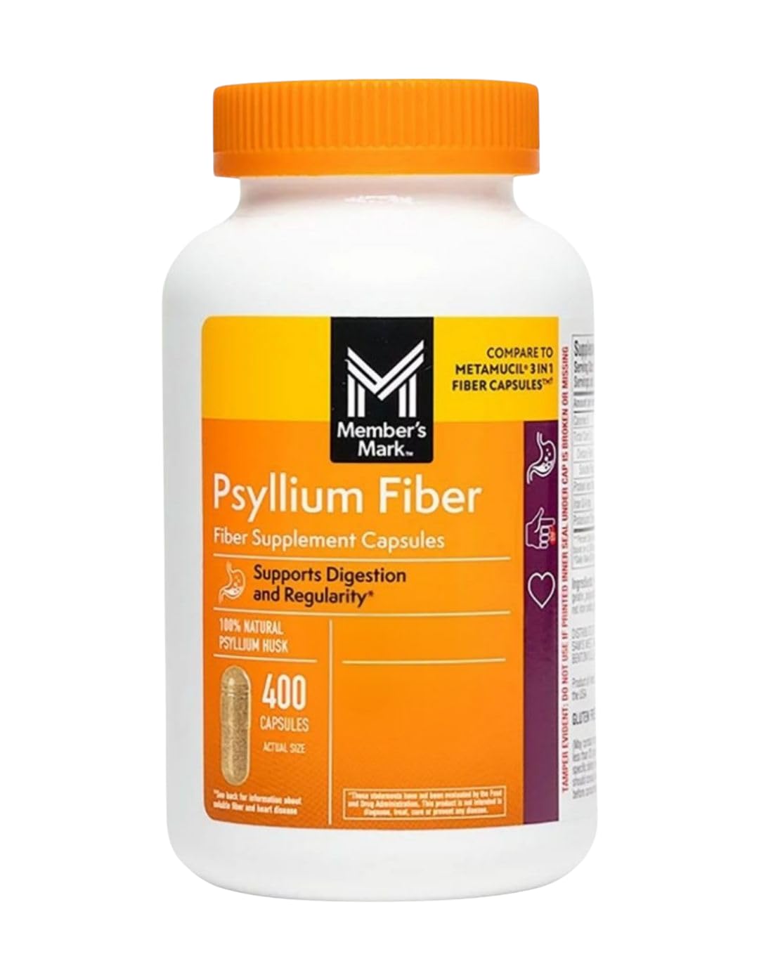 Member's Mark psyllium husk capsules bottle for daily digestive support.