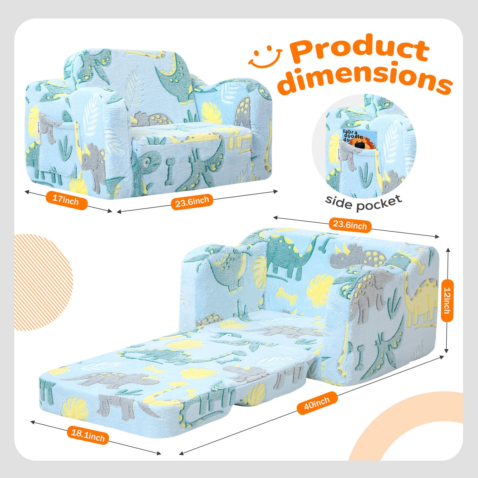 MeMoreCool glowing dinosaur chair side view highlighting versatile 2-in-1 design for playtime