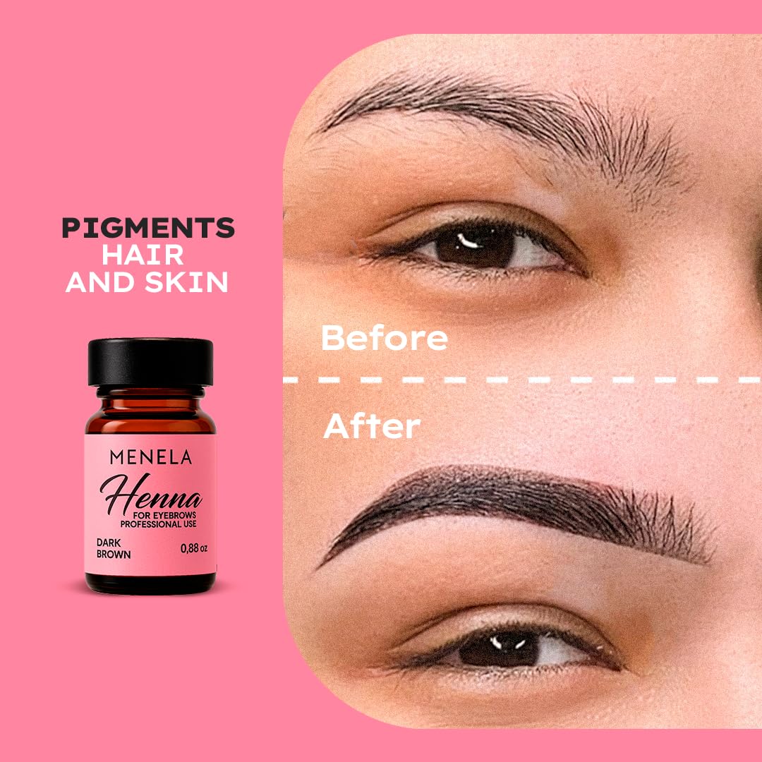 Menela at-home use scenario showing DIY brow tint in a mirror