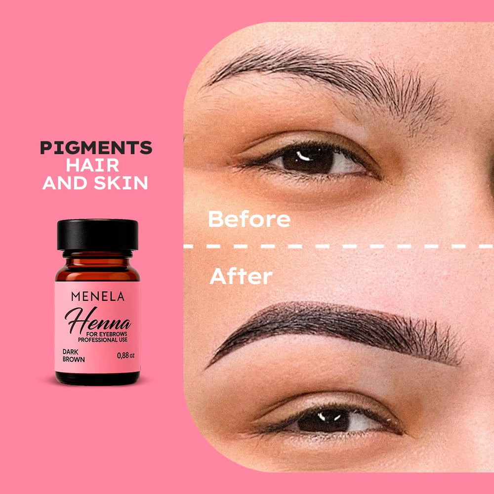 Menela at-home use scenario showing DIY brow tint in a mirror