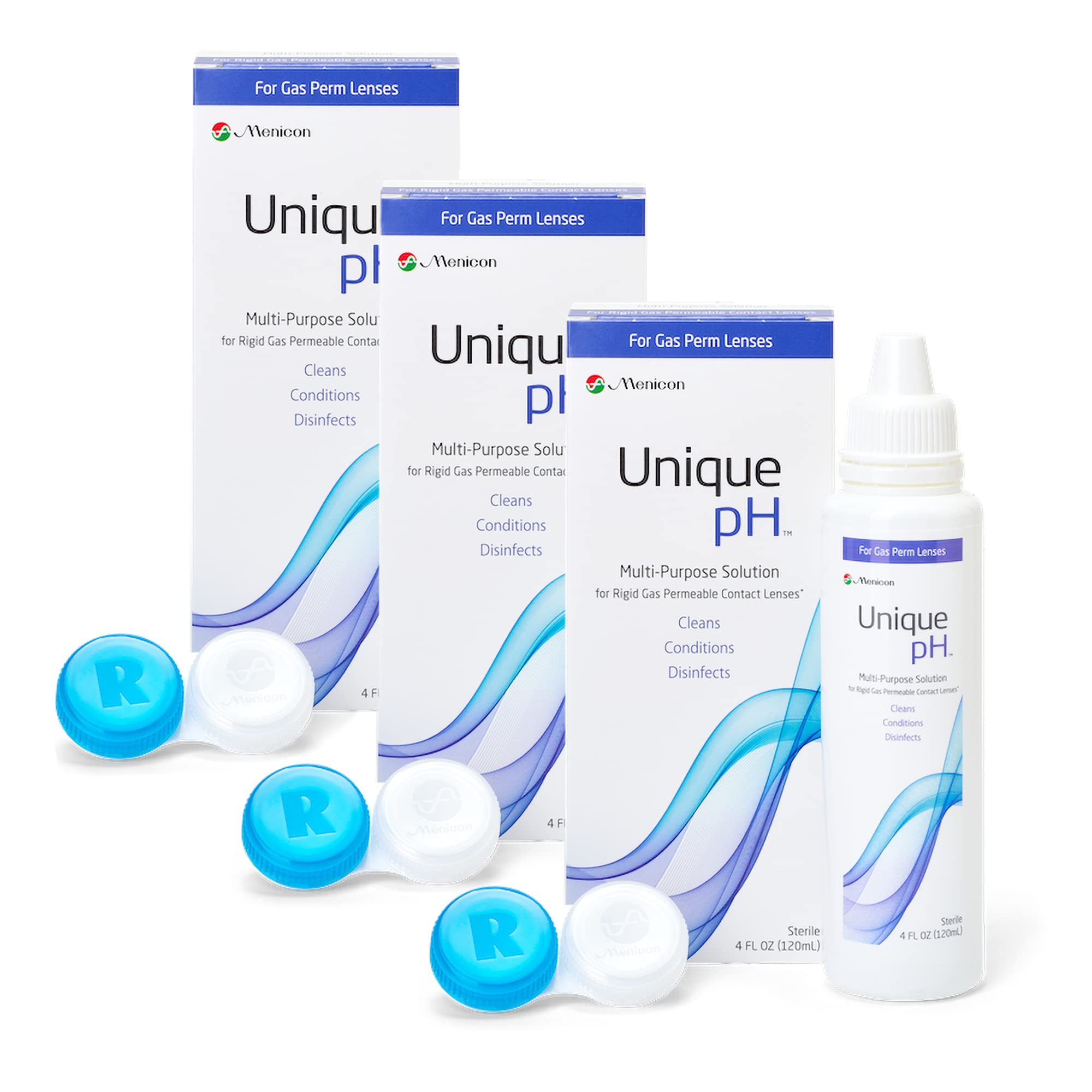 Menicon Unique pH bottle front view showing travel-ready design for lens care