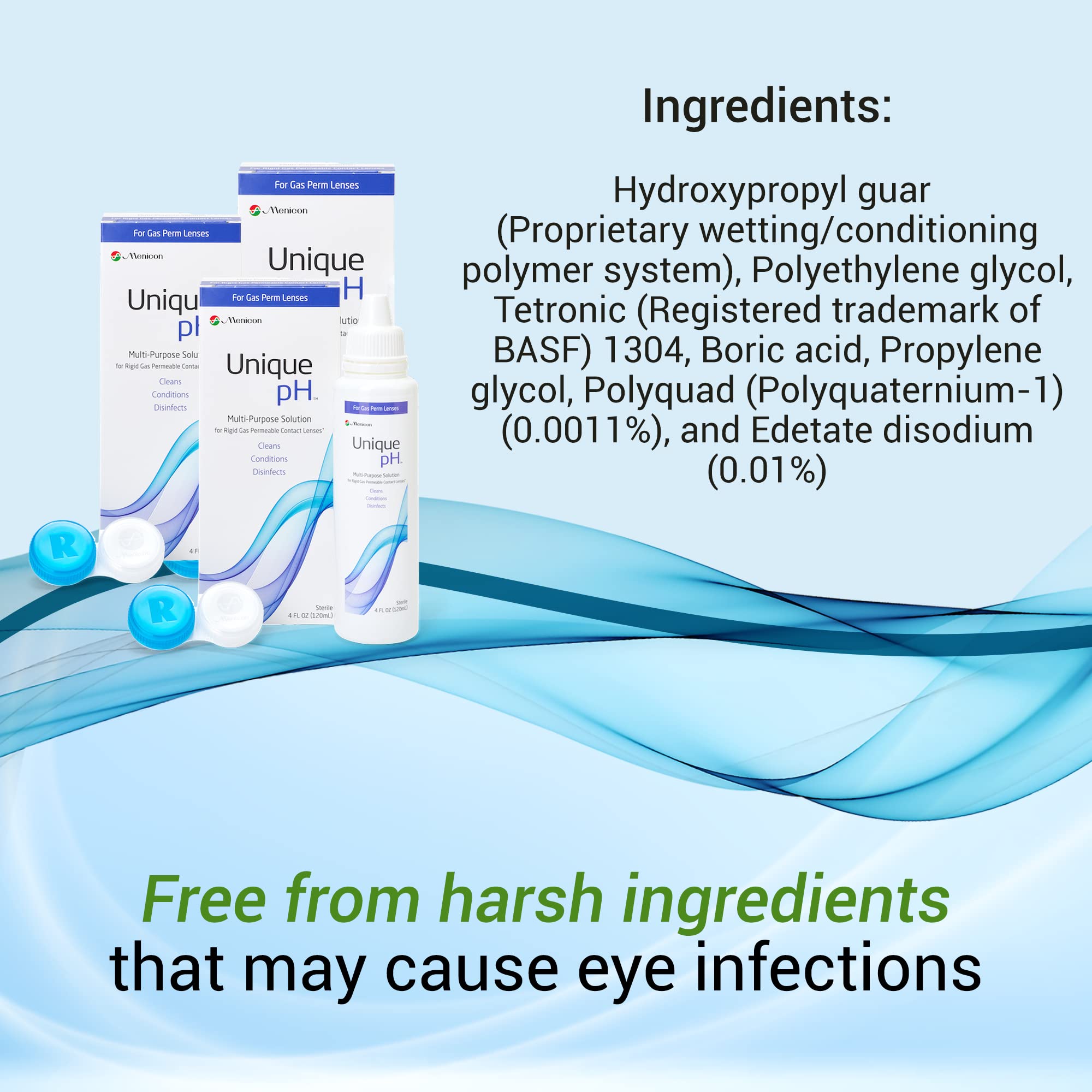 Menicon Unique pH closeup of lenses and solution for gentle care and conditioning