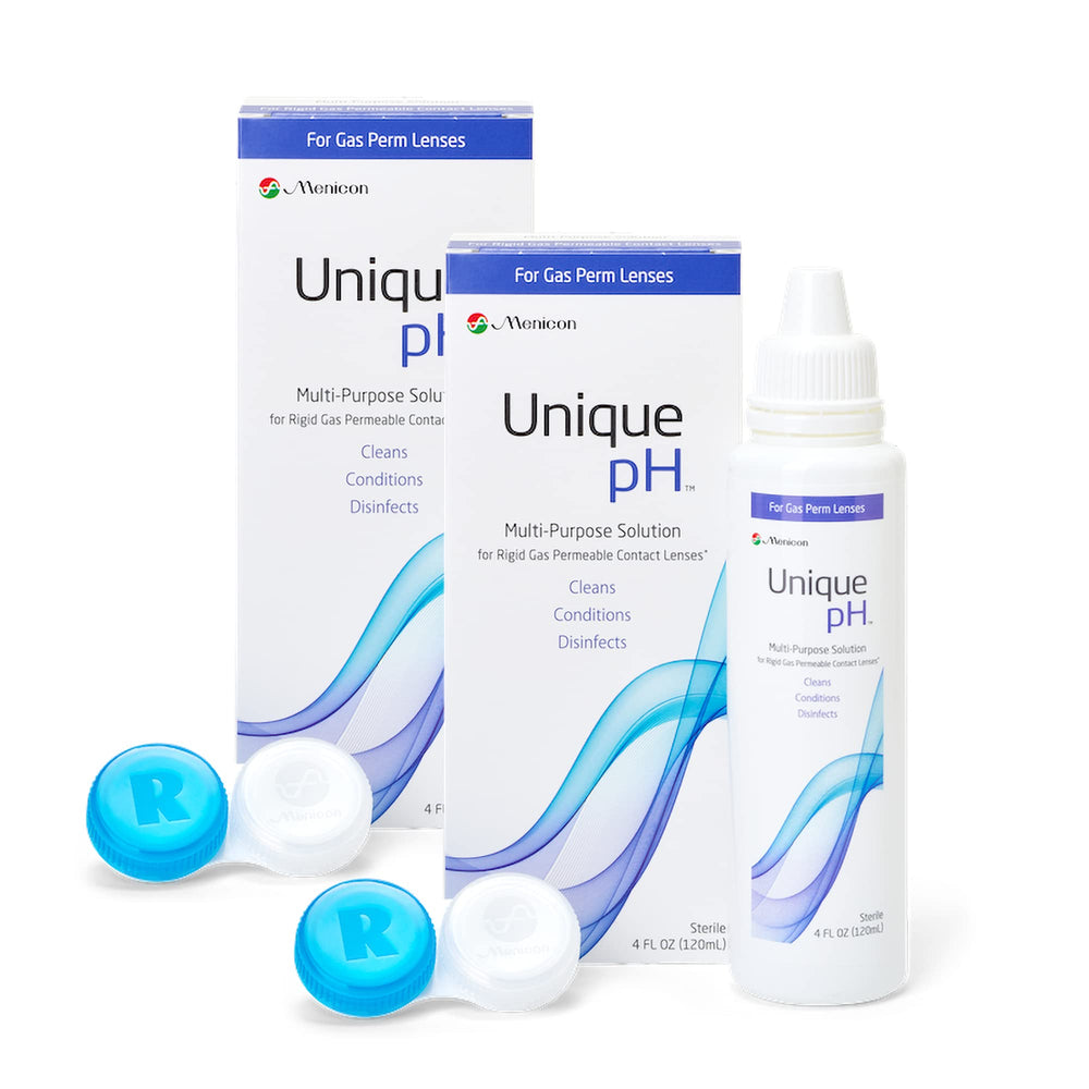 Menicon Unique pH Multipurpose Solution bottle shown for lens cleaning and storage.