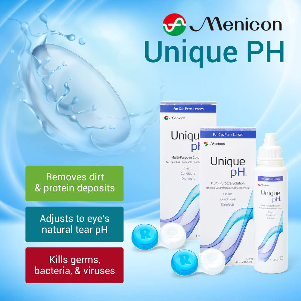 Closeup of Menicon Unique pH Multipurpose Solution label for trust and care.