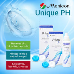 Closeup of Menicon Unique pH Multipurpose Solution label for trust and care.