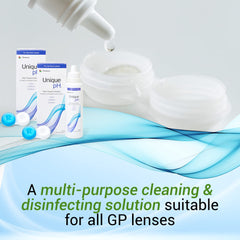 Pour action of Menicon Unique pH Multipurpose Solution for easy dispensing.
