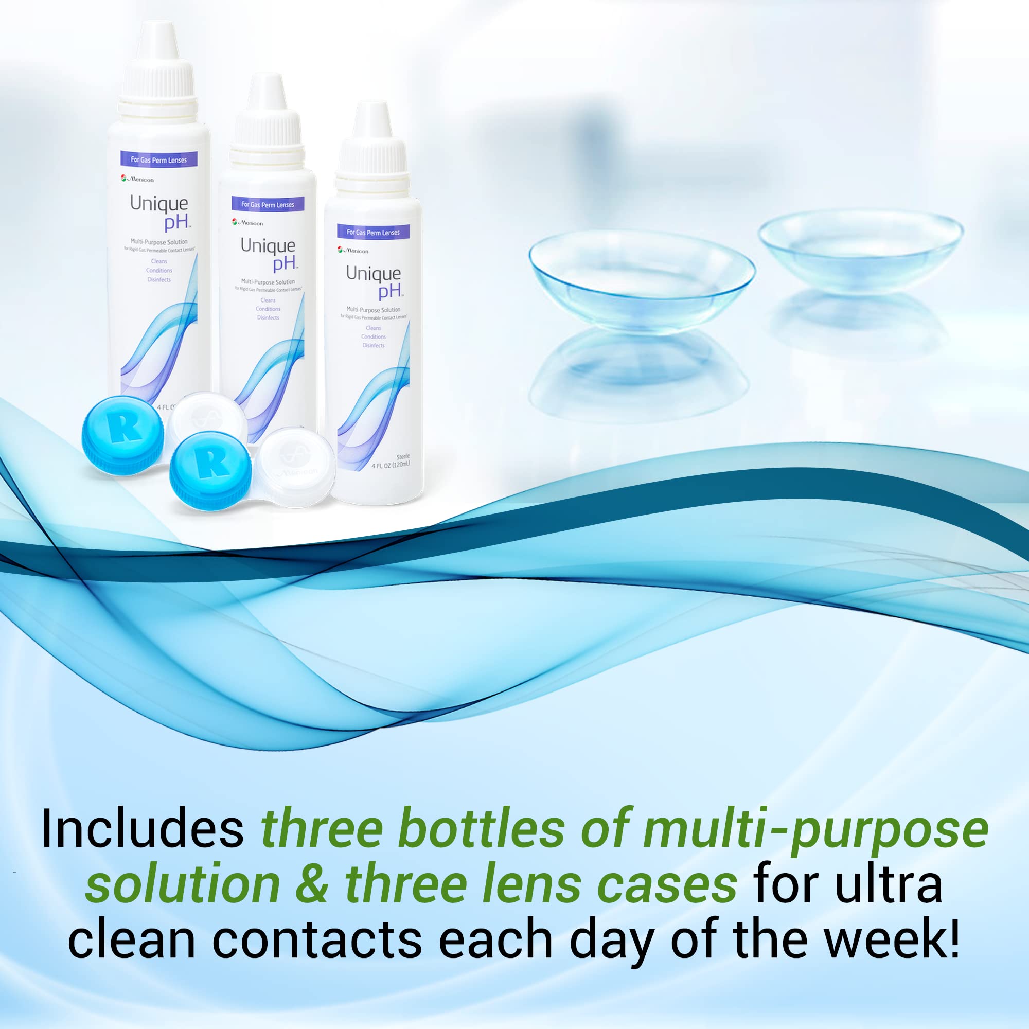 Menicon Unique pH solution view with clear liquid ready for conditioning and disinfection