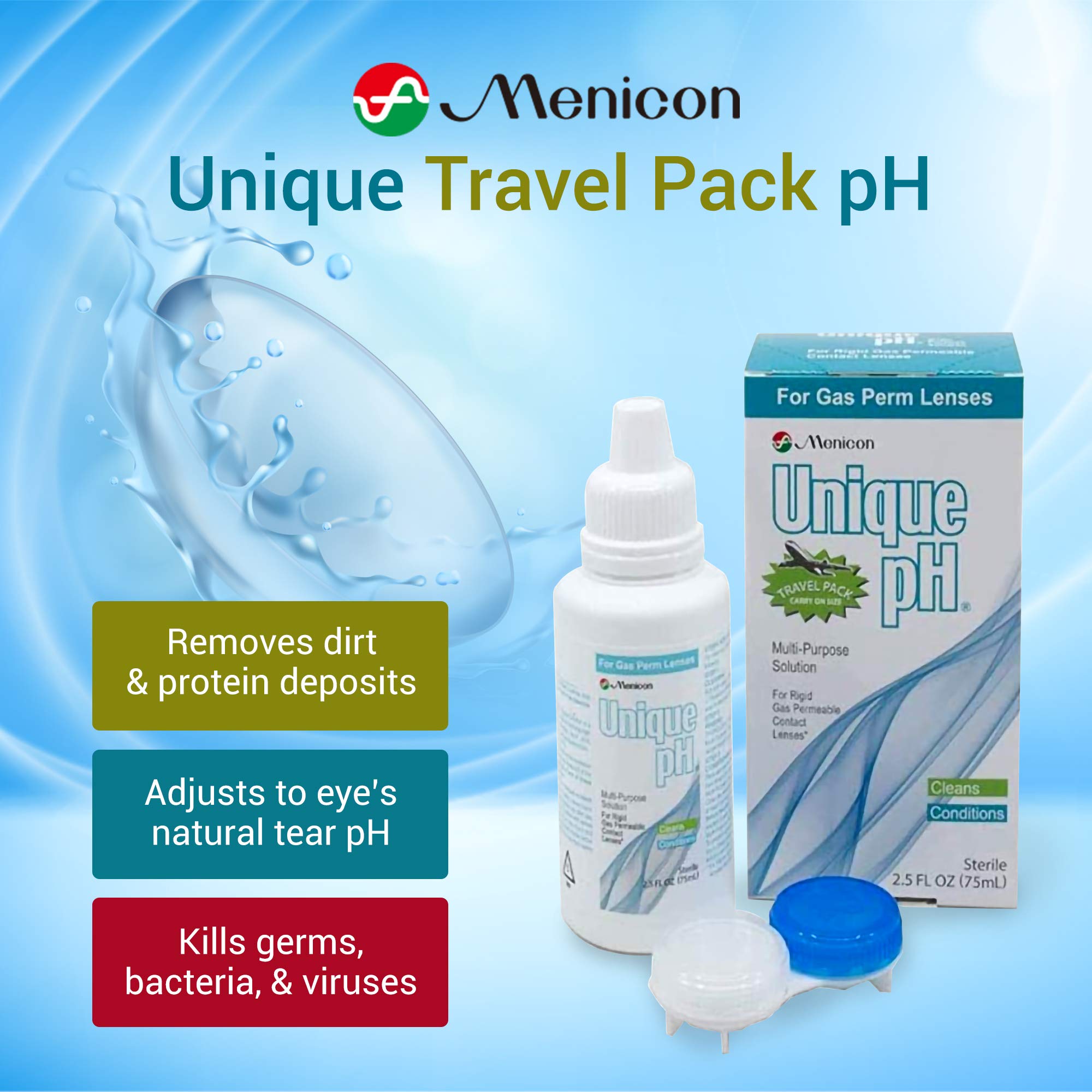 Menicon Unique pH Travel Pack travel-size bottle ready for travel use.