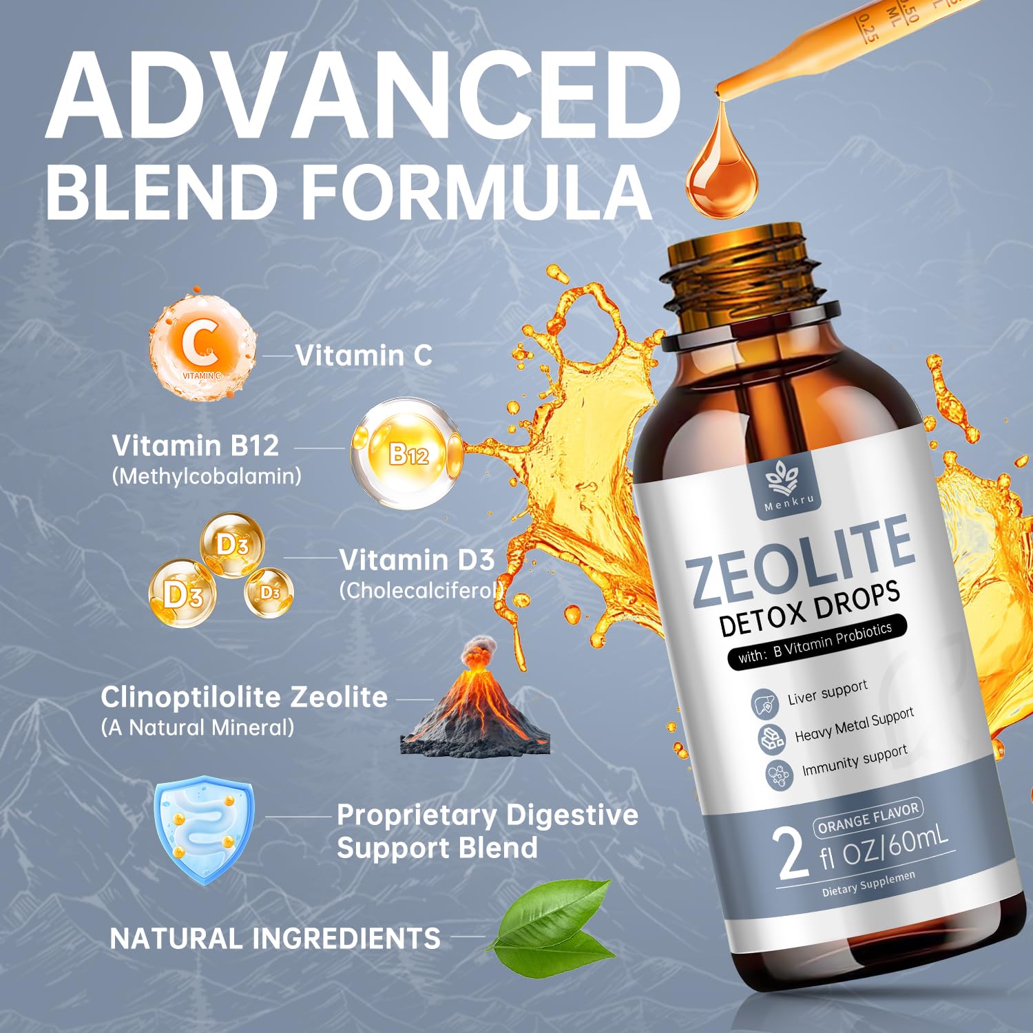 Menkru Zeolite Drops drops in water; convenient mix-in formula.