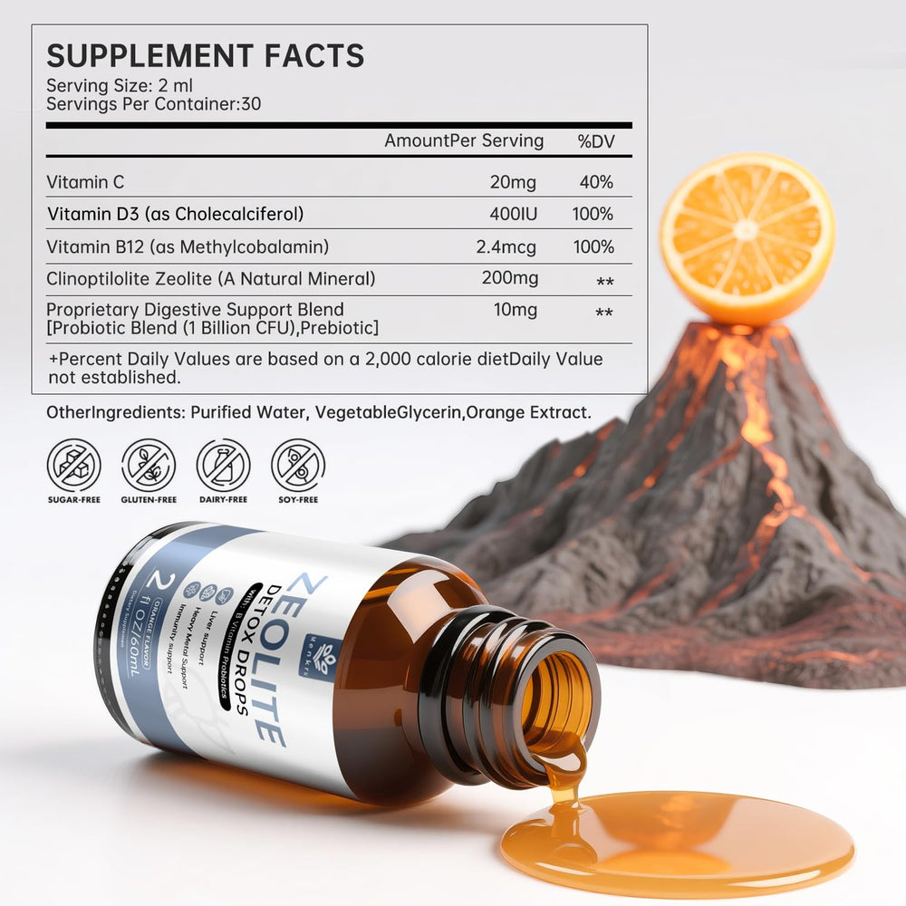 Menkru Zeolite Drops ingredient panel; zeolite Clinoptilolite with vitamins B12 and D3.
