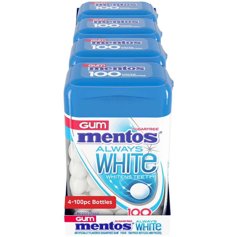 Mentos Always White bottle top view highlighting grab-and-go packaging.