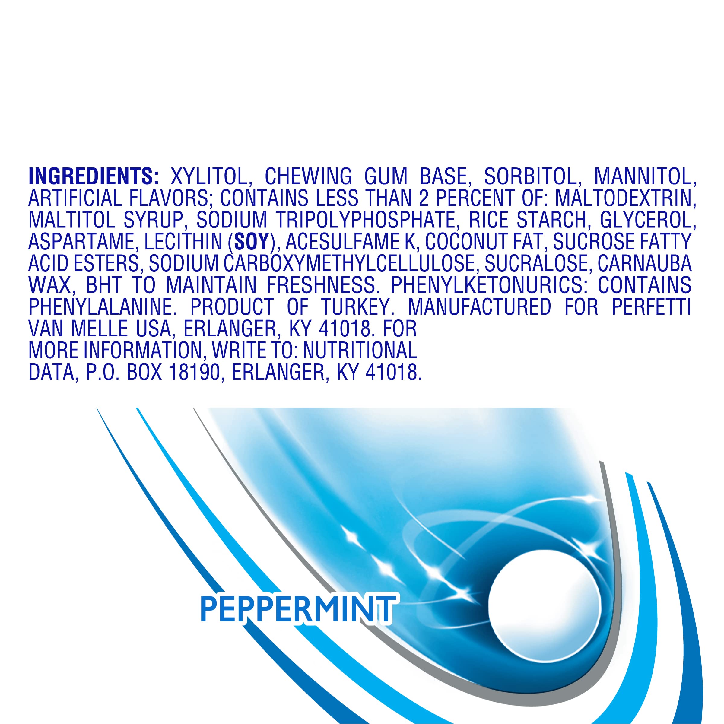 Mentos Always White packaging back featuring xylitol-sugar-free formula notice.