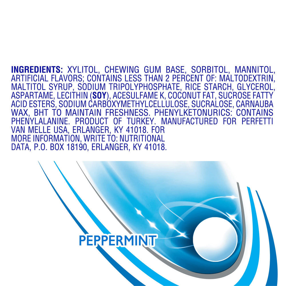 Mentos Always White packaging back featuring xylitol-sugar-free formula notice.