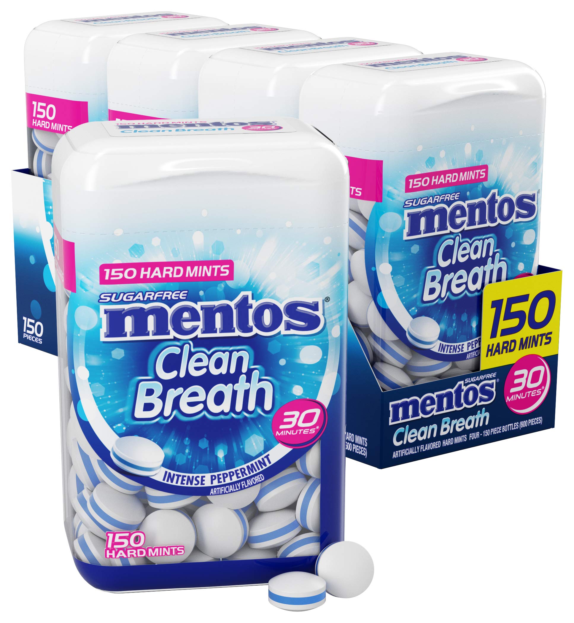 Mentos Clean Breath hard mints pack close-up highlighting intense peppermint flavor for lasting freshness