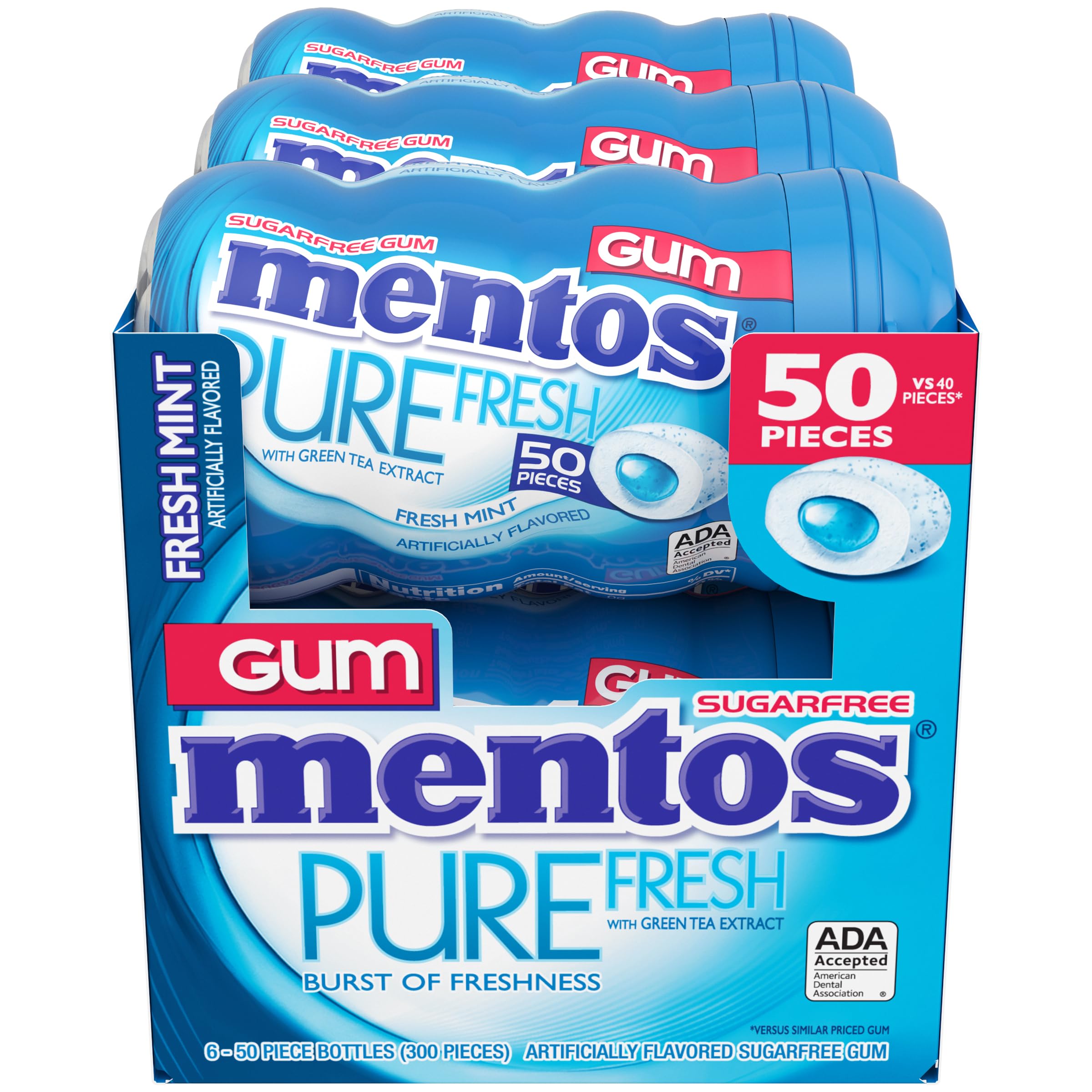 Mentos Pure Fresh bulk bag shown for easy refills of six bottles at home