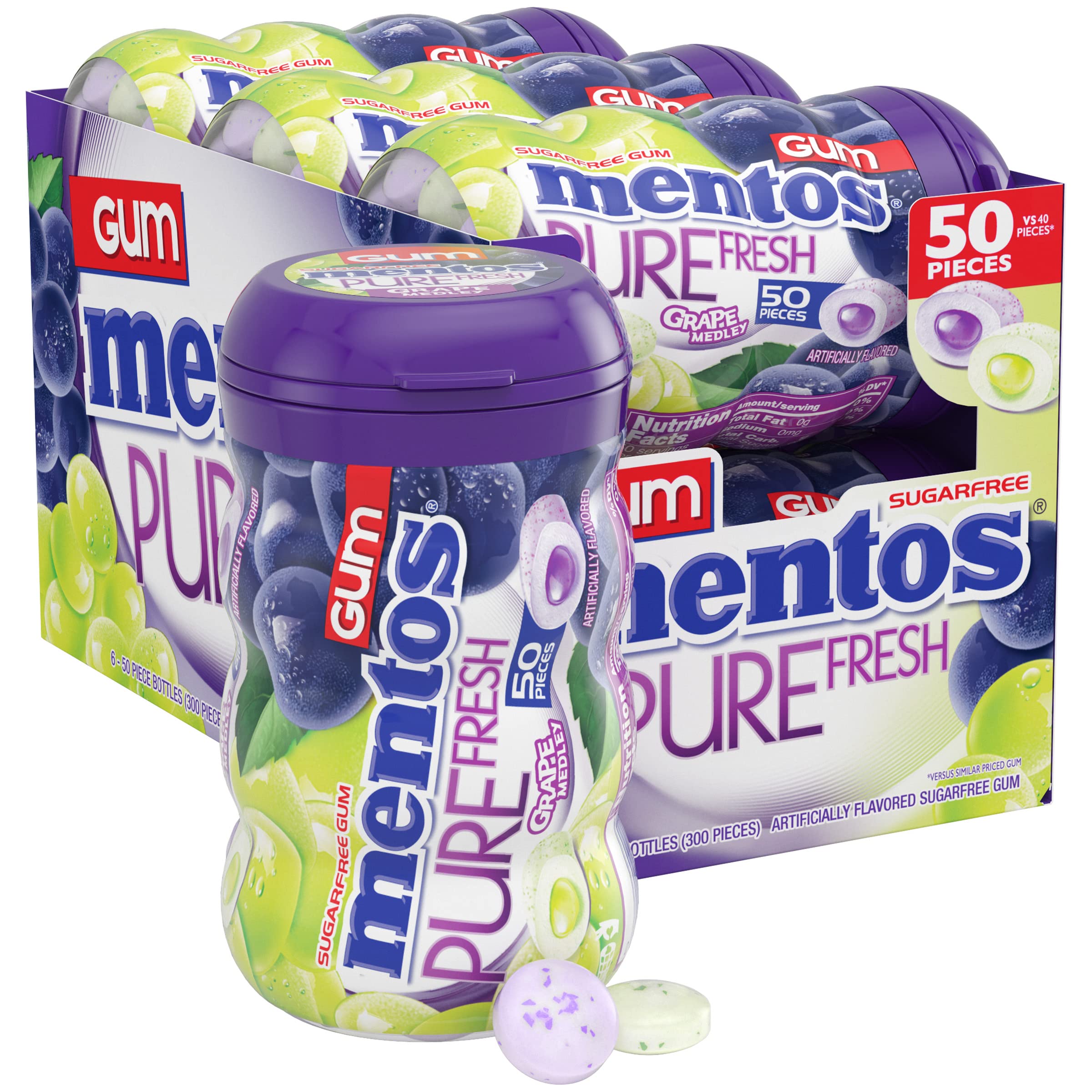 Mentos Pure Fresh grape medley bottle for on-the-go refreshment.