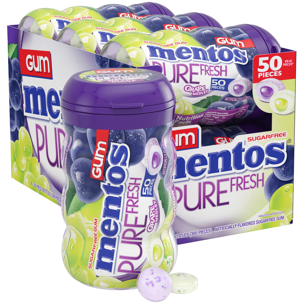 Mentos Pure Fresh grape medley bottle for on-the-go refreshment.