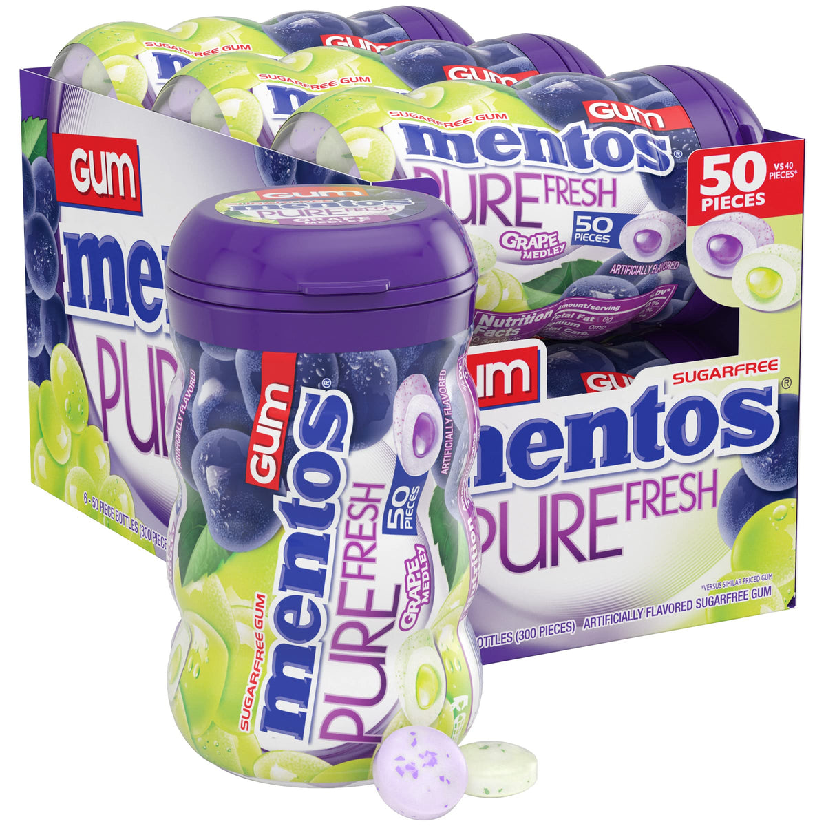 Mentos Pure Fresh grape medley bottle for on-the-go refreshment.