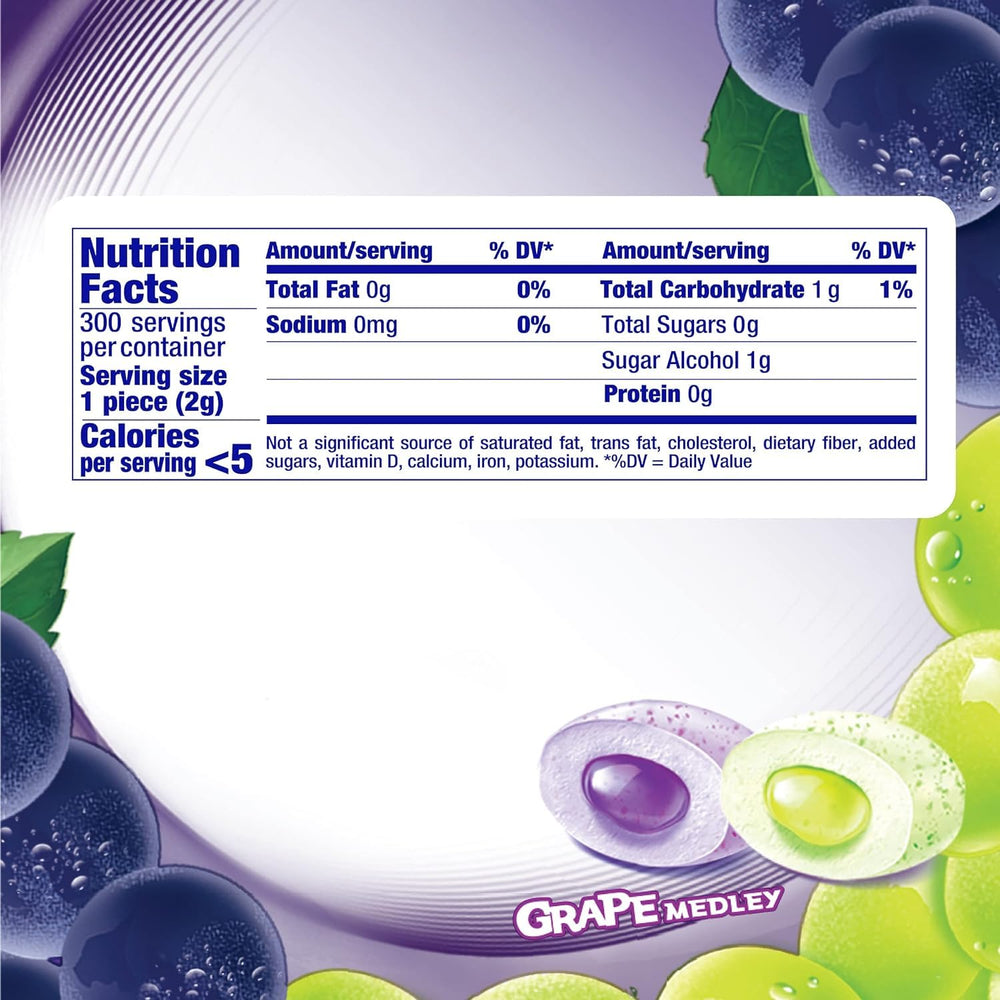 Mentos grape medley gum piece showing fruity flavor and sugar-free formula.