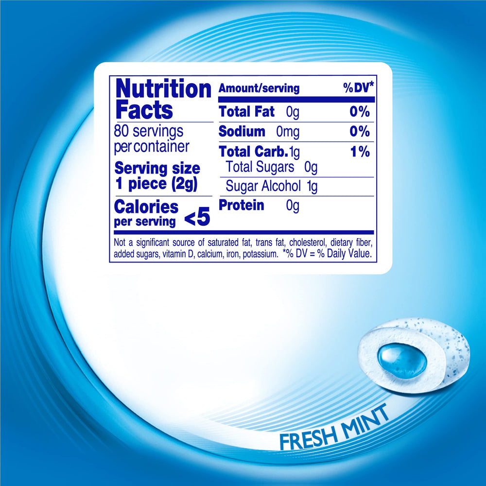 Mentos Pure Fresh gum bottle back shows xylitol emphasis and packaging details.