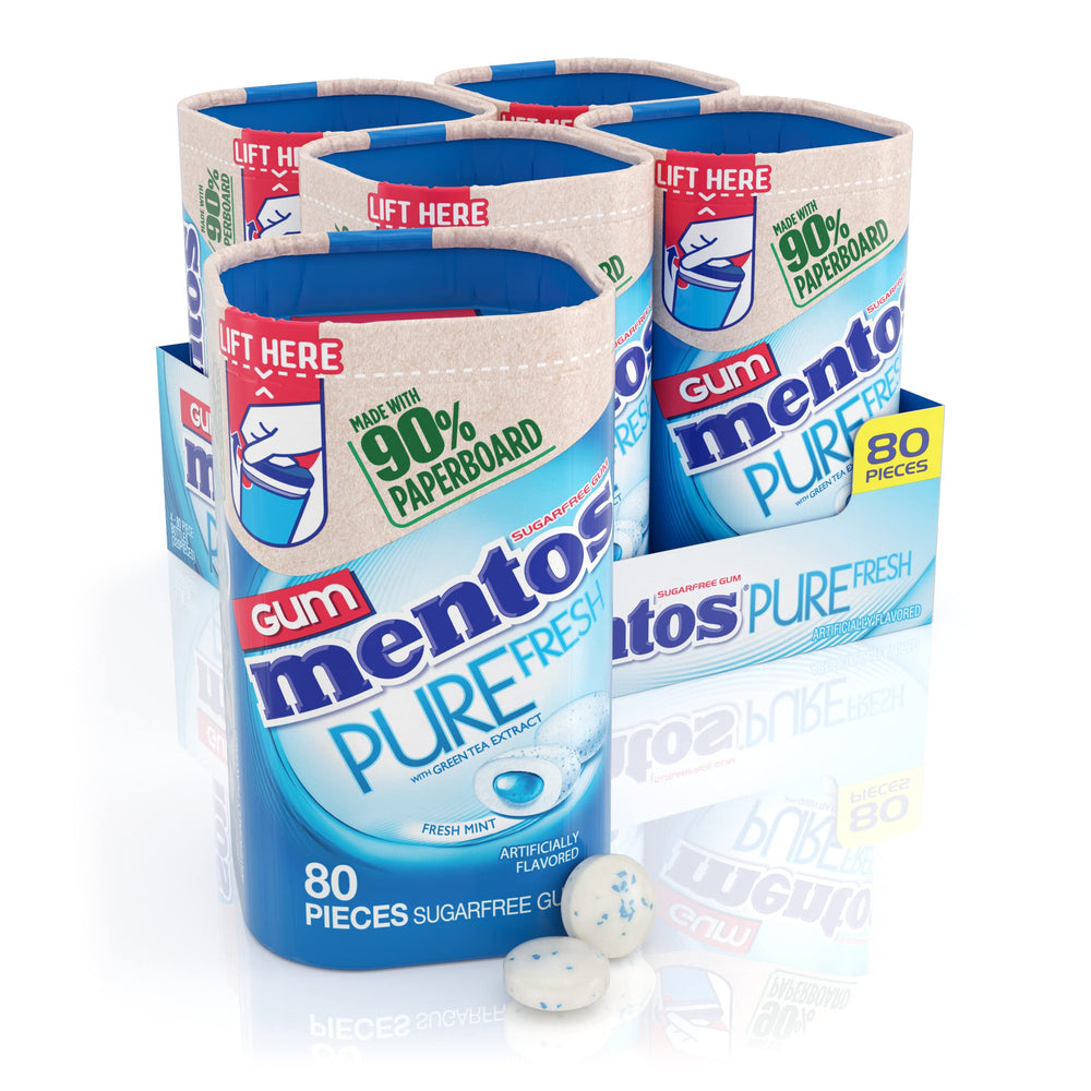 Mentos Pure Fresh gum bottle front view highlights recyclable packaging and mint flavor.
