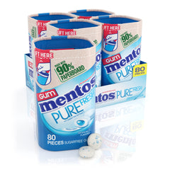 Mentos Pure Fresh gum bottle front view highlights recyclable packaging and mint flavor.