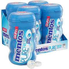 Mentos Pure Fresh gum bottle front view with four 50-piece bottles for desk freshness.