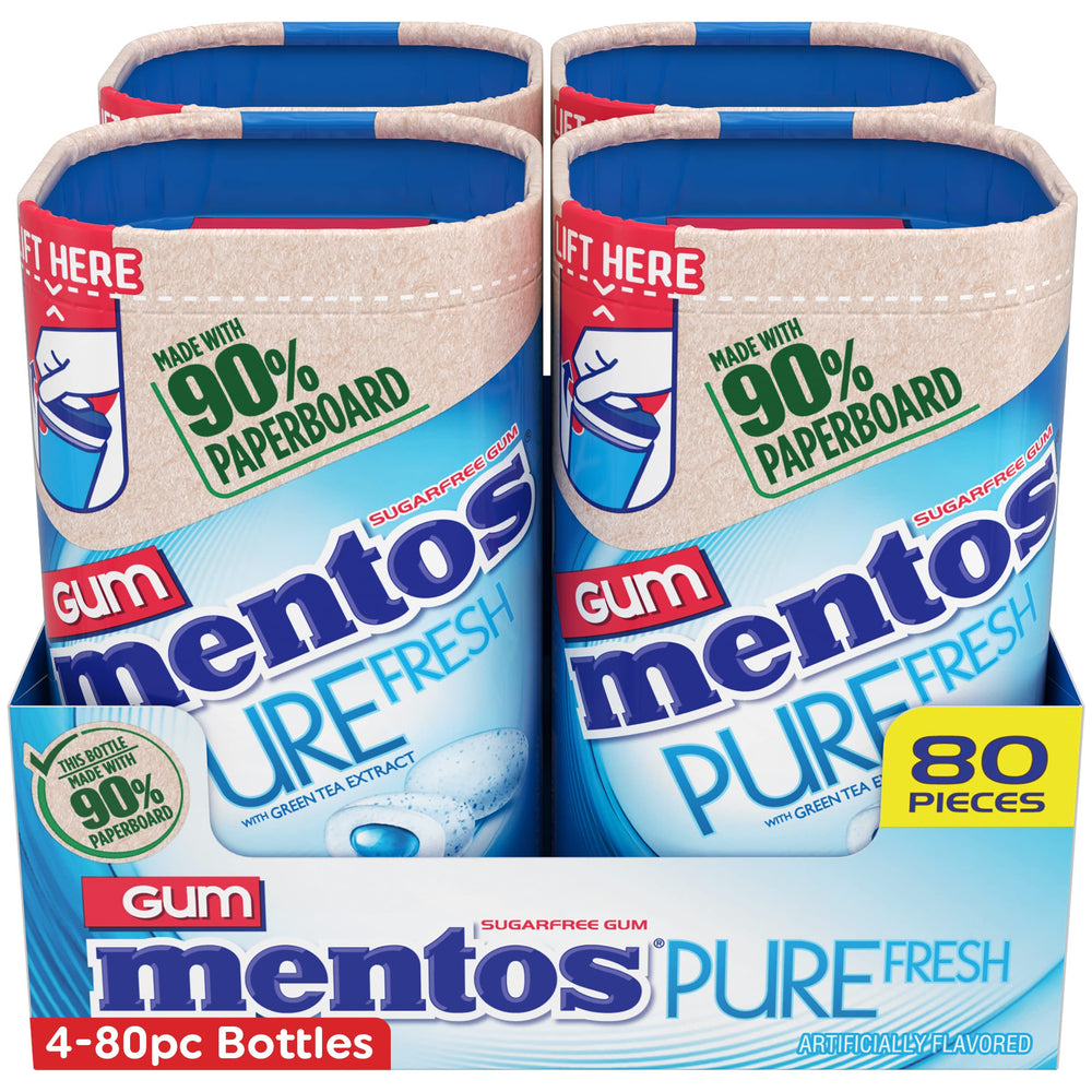 Mentos Pure Fresh gum bottle open, with pieces visible for desk or car freshness.