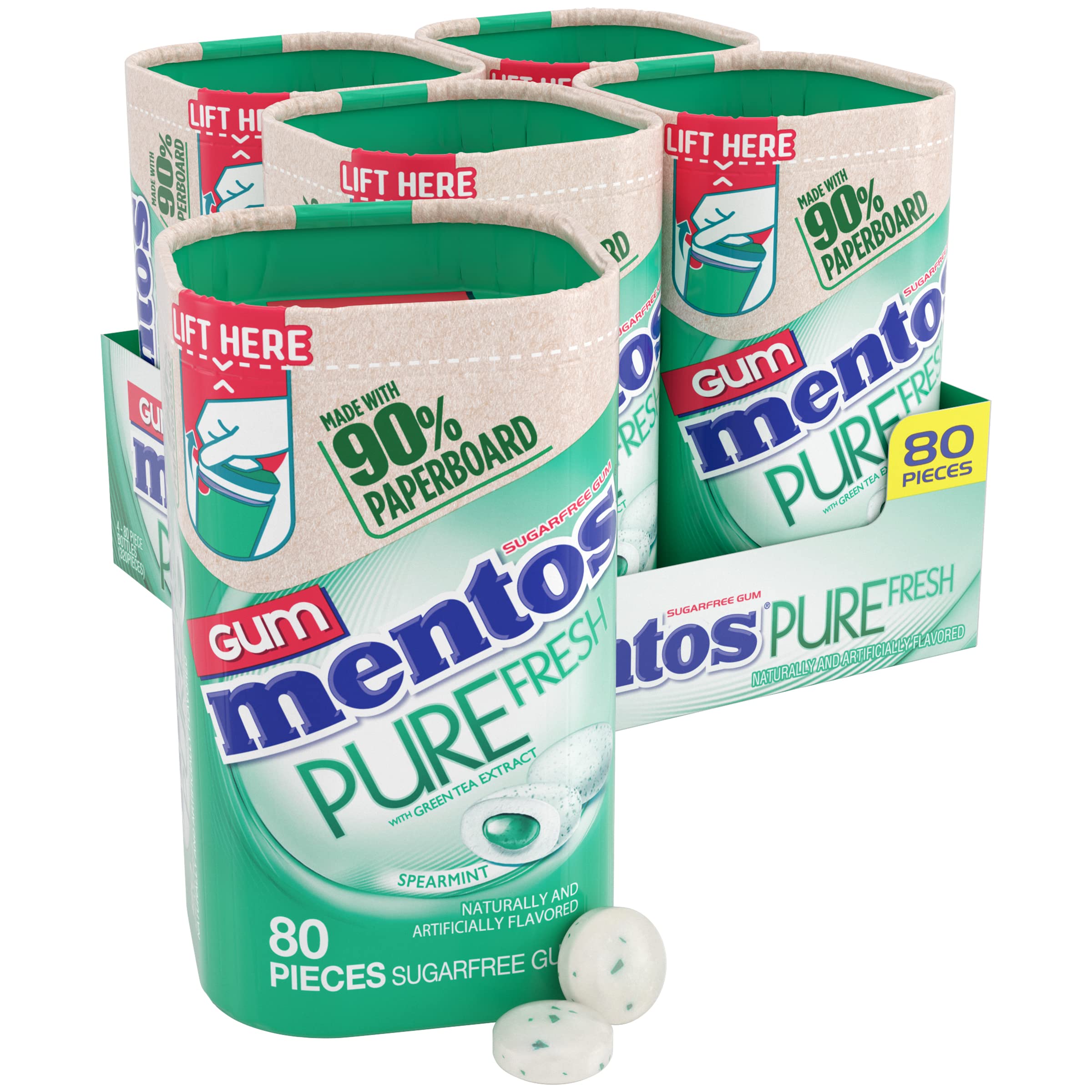 MENTOS Pure Fresh Sugar-Free Gum Spearmint bottle closeup shows recyclable packaging for desk freshness.