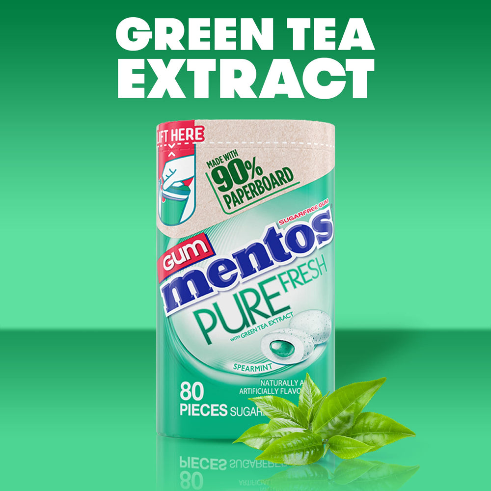 MENTOS Pure Fresh Sugar-Free Gum Spearmint bottle front showcases 90% paperboard recyclable packaging.