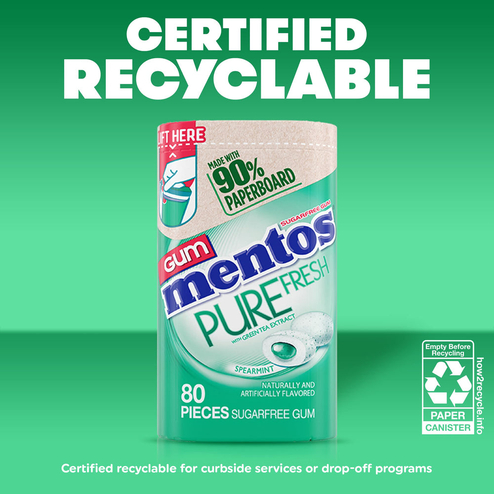 MENTOS Pure Fresh Sugar-Free Gum Spearmint bottle recycling note signals eco-conscious packaging.