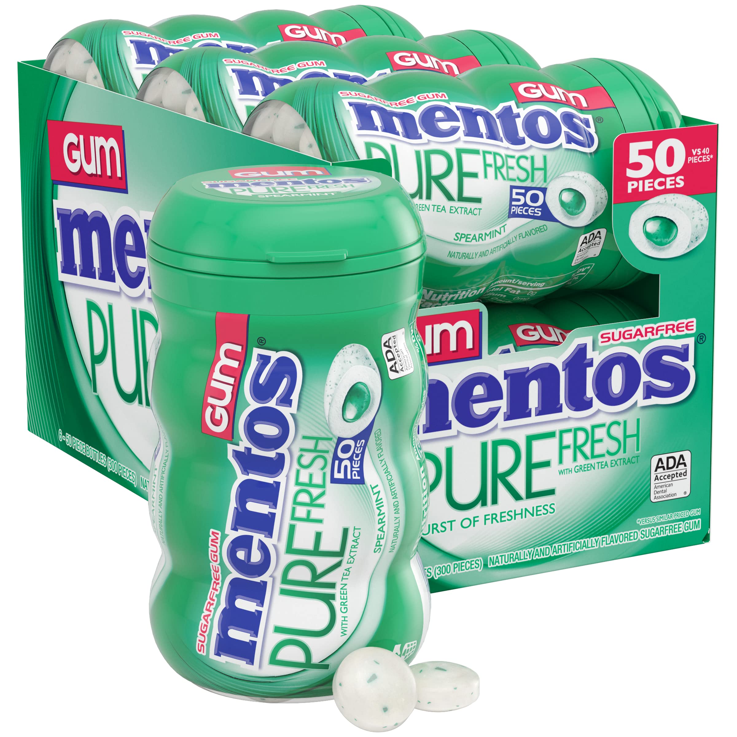 Mentos Pure Fresh gum bottle for portable mint freshness on the go.