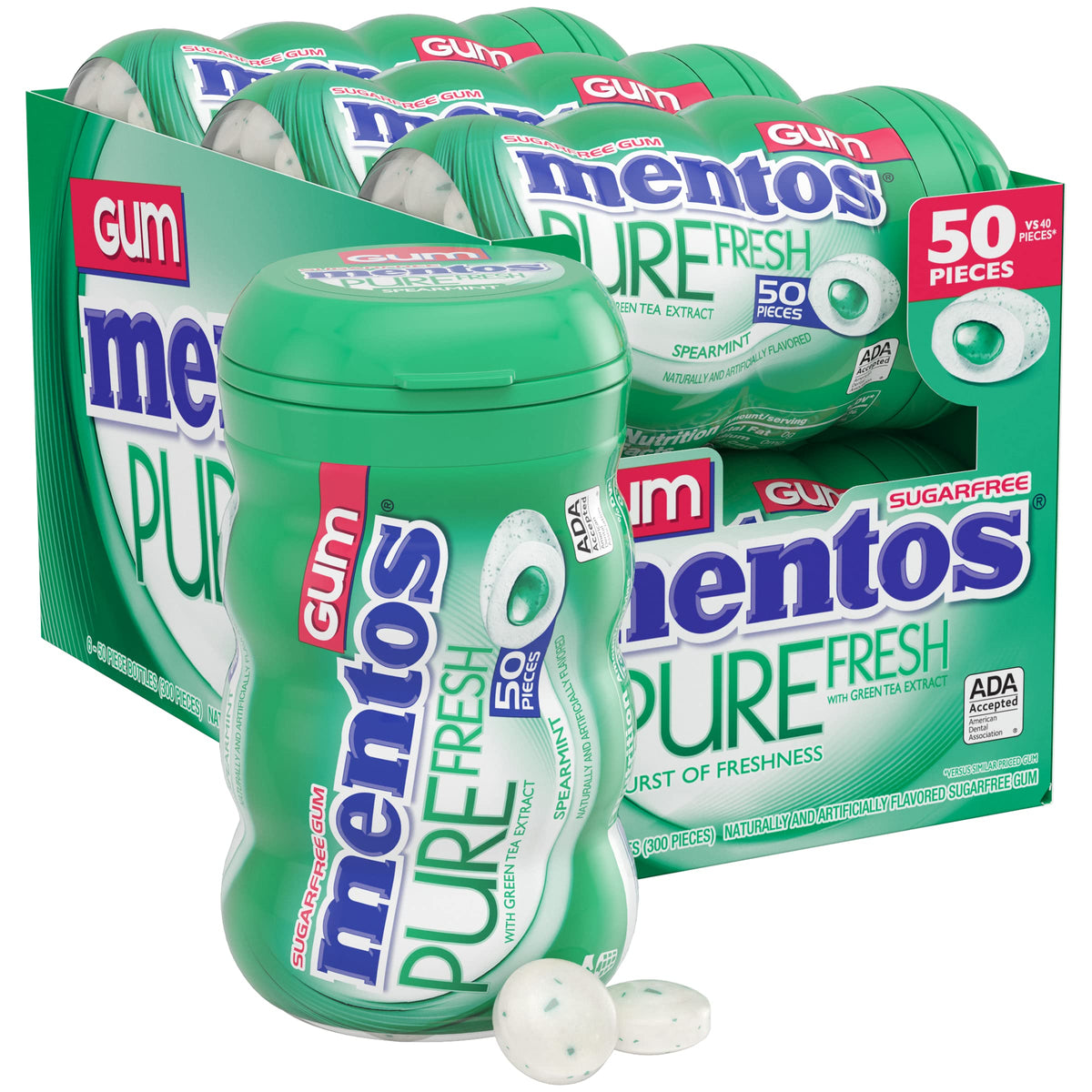 Mentos Pure Fresh gum bottle for portable mint freshness on the go.