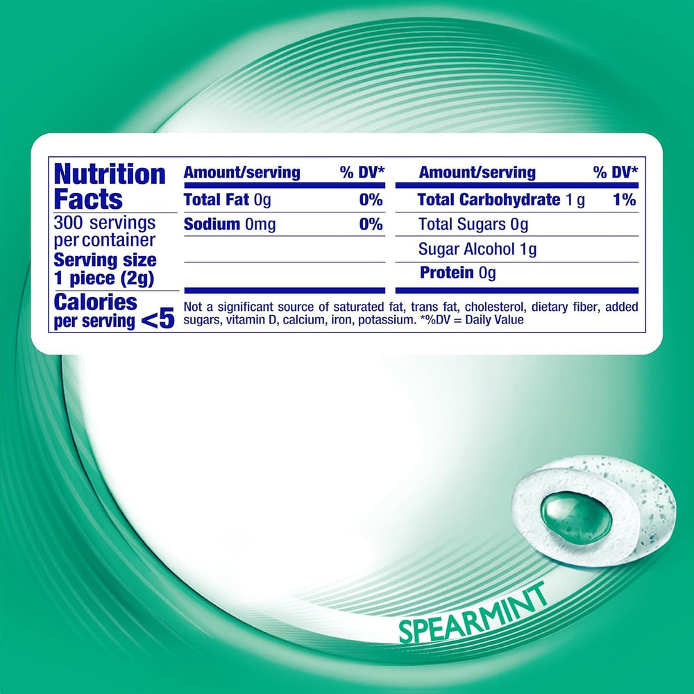 Mentos Pure Fresh gum packaging shows six sugar-free spearmint bottles.