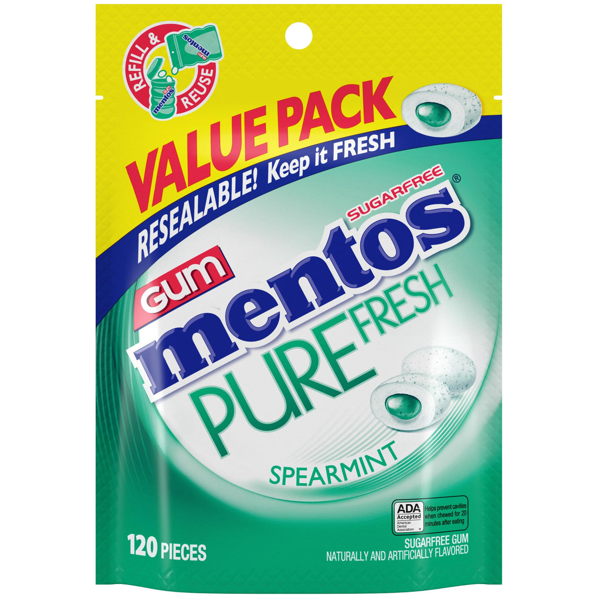 MENTOS Pure Fresh sugar-free spearmint gum bulk bag front view for long-lasting mint flavor