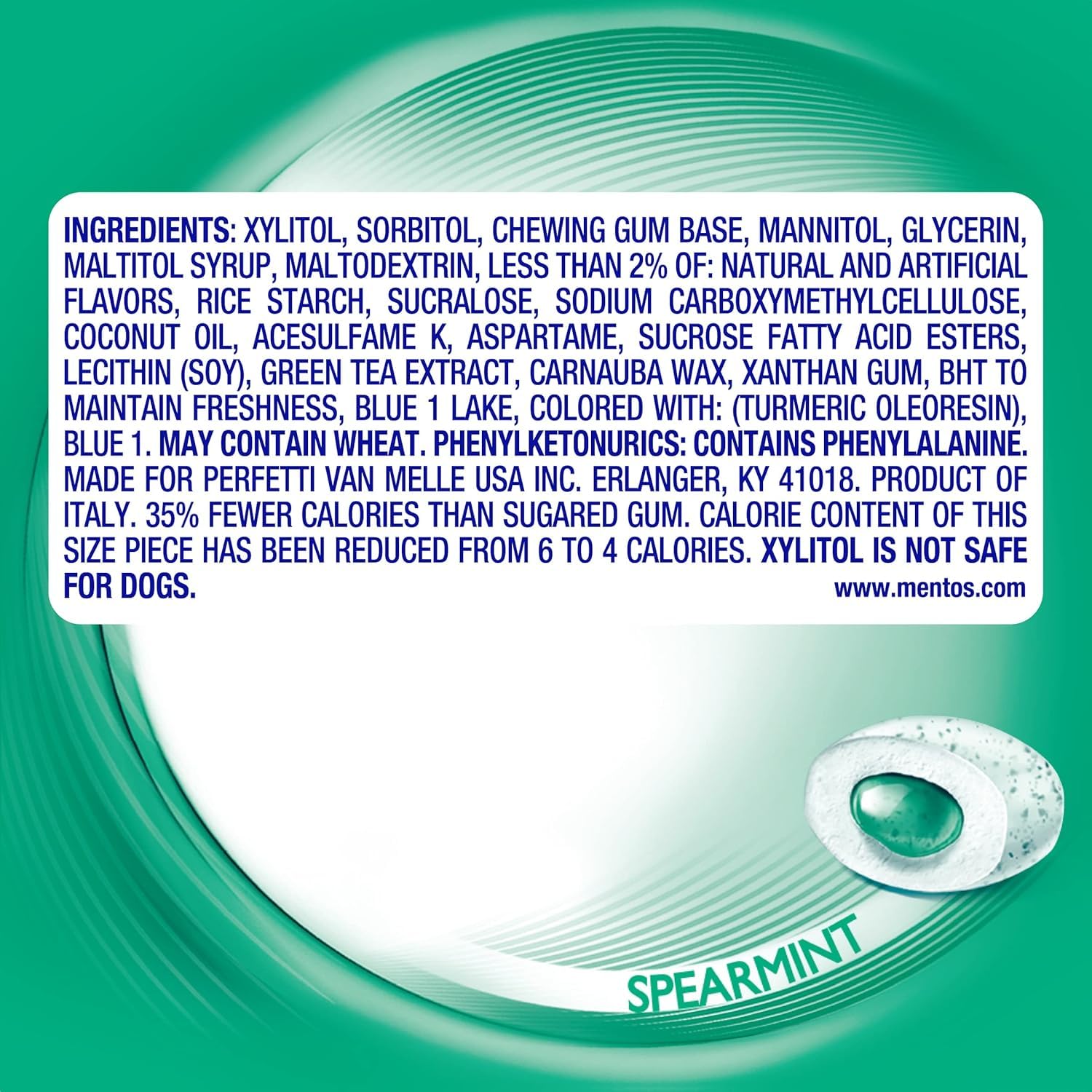 MENTOS Pure Fresh sugar-free spearmint gum pieces close-up showing minty texture