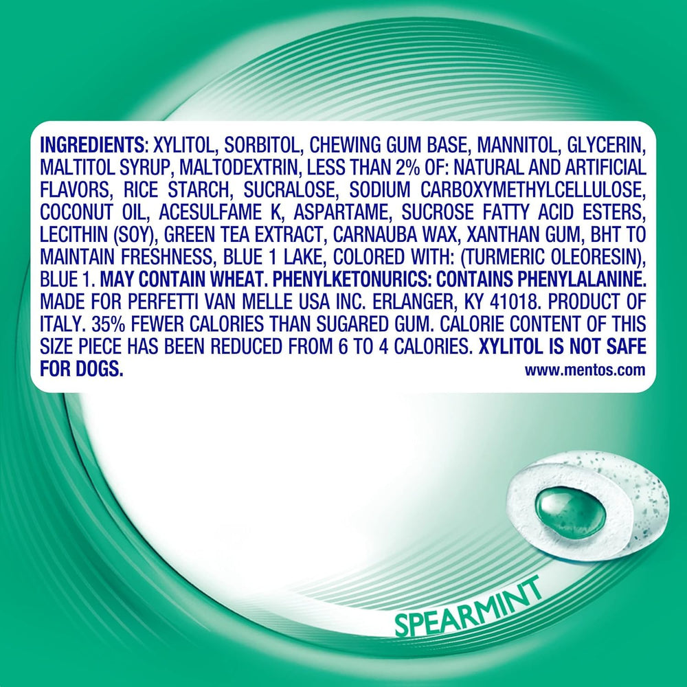 MENTOS Pure Fresh sugar-free spearmint gum pieces close-up showing minty texture