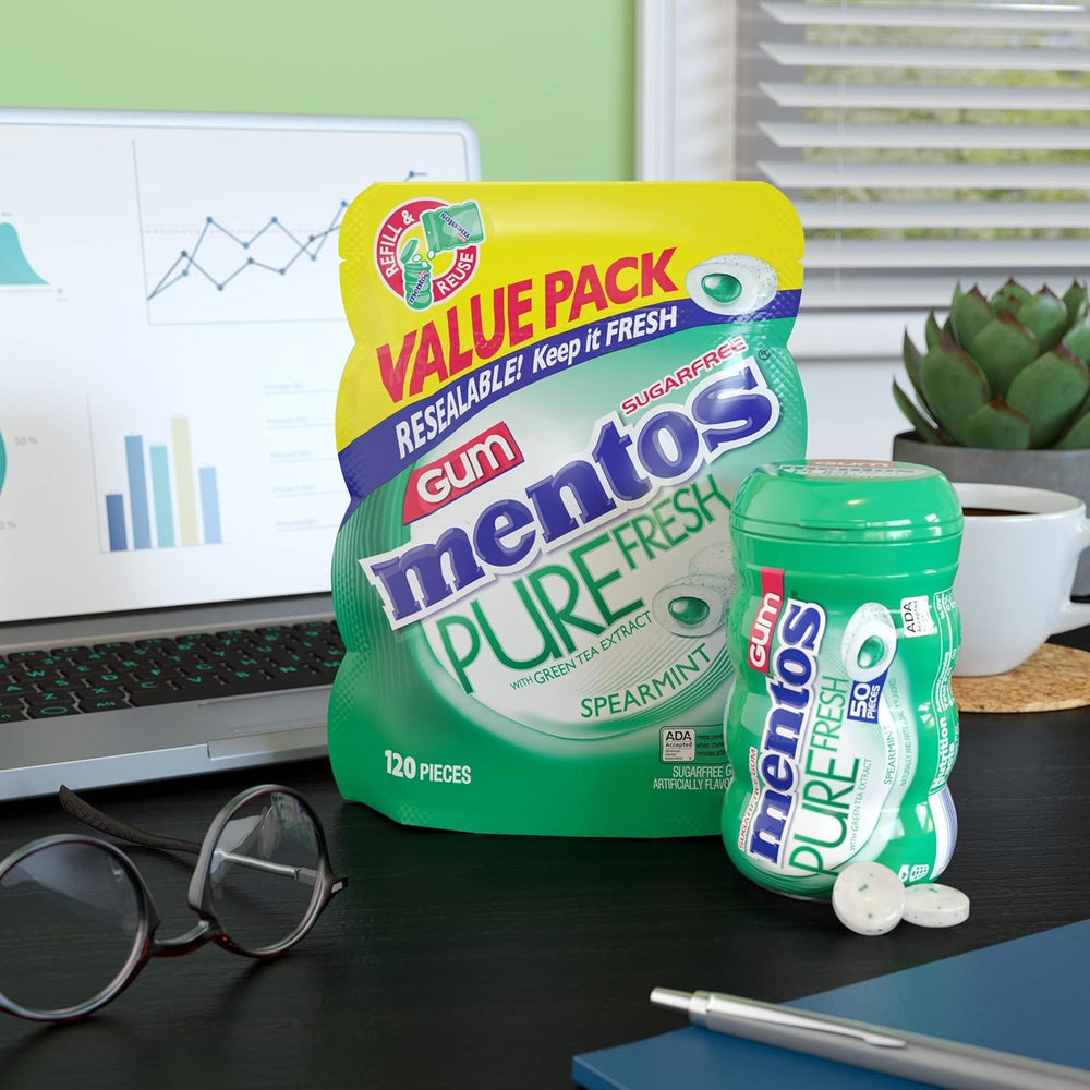 MENTOS Pure Fresh sugar-free spearmint packaging on shelf for easy purchase