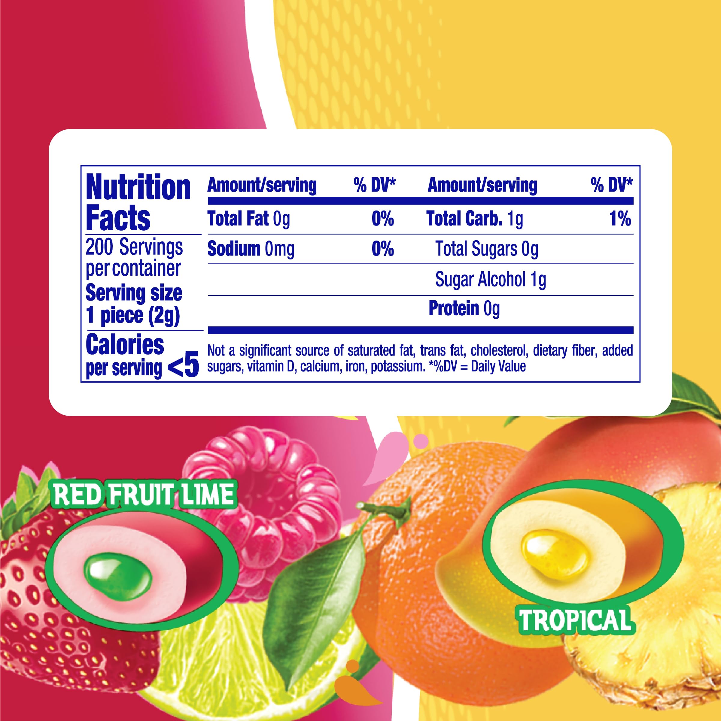 Mentos Sugar-Free Tropical Red Fruit Lime bottle close-up highlighting fruity flavor detail.
