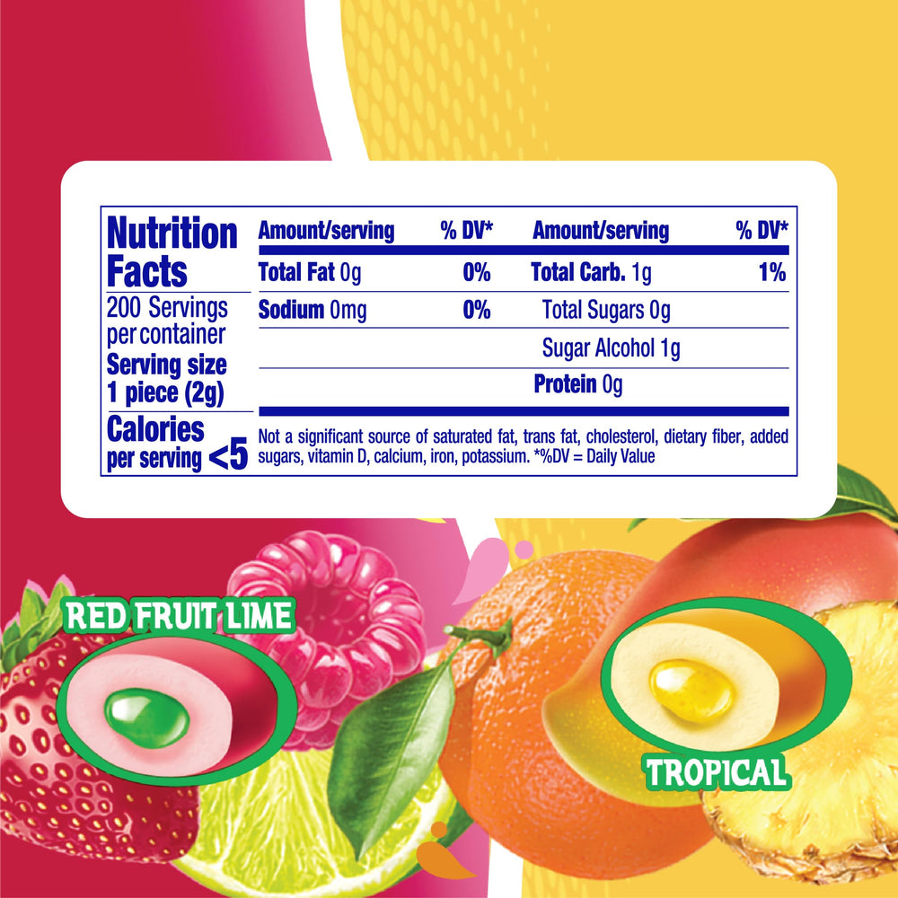 Mentos Sugar-Free Tropical Red Fruit Lime bottle close-up highlighting fruity flavor detail.