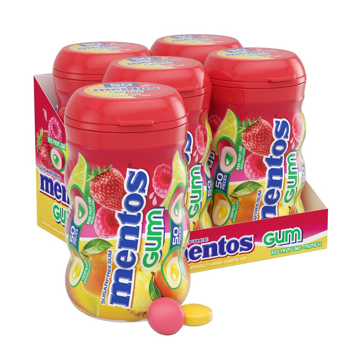 Mentos Sugar-Free Tropical Red Fruit Lime bottle front view for quick refresh on the go.